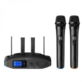 Sistema profesional de 2 micrófonos inalámbricos UHF, con batería recargable